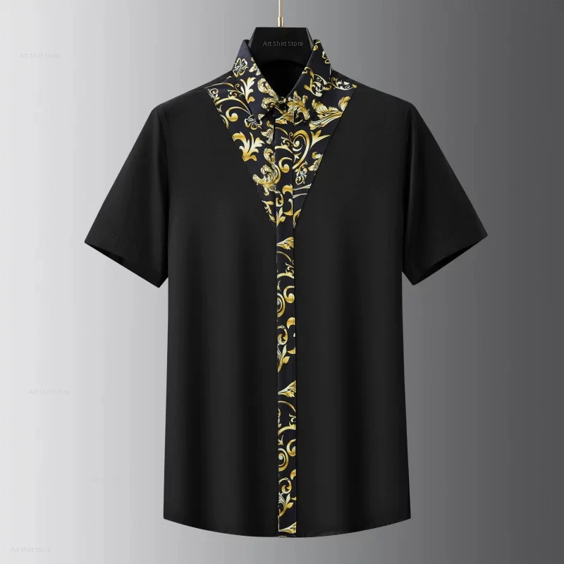 

2026 new light luxury fashion style lining palace pattern printed fashionable men's summer slim-fitting short-sleeved shirt