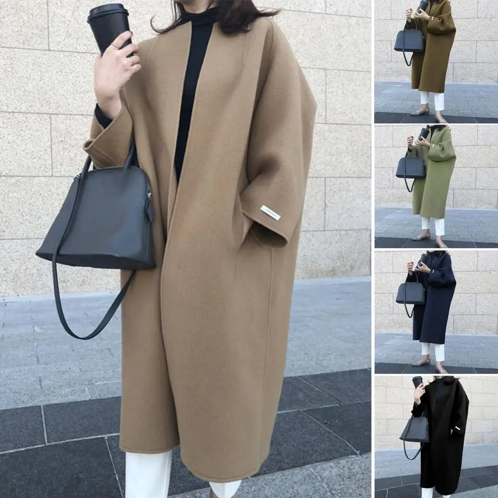 Elegant Coat Skin-Touching Woolen Outerwear Warm Lady Casual Open Stitch Pure Color Winter Long Woolen Coat Coldproof