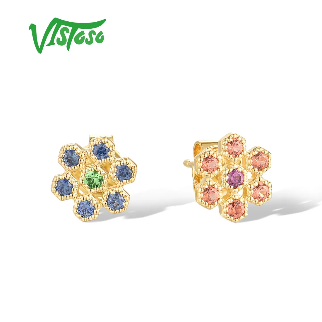 VISTOSO Pure 14K 585 Yellow Gold Stud Earrings For Women Sparkling Multi Color Gems Geometric Sweet Birthday Gifts Fine Jewelry