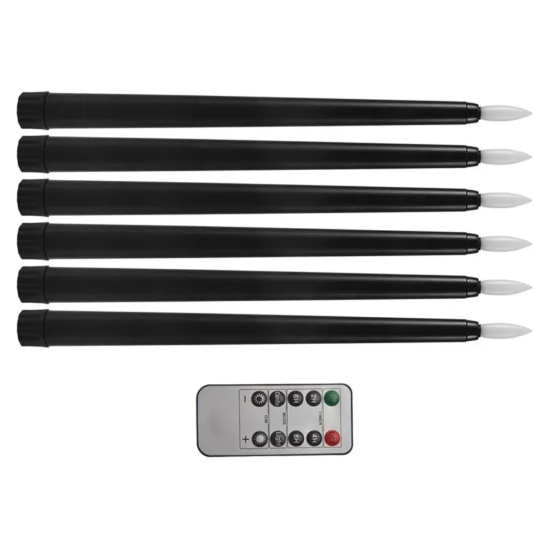 B50C Pack Of 6 Remote Halloween Taper Candles,Black Color Flameless Fake Pillar Candles,Battery Candles With Contain