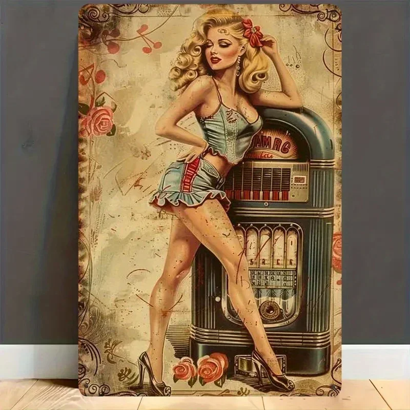 Retro Metal Wall Sign - Vintage 1940s Pin-Up Girl & Jukebox Design, Durable Iron Rustic Art for Bar, Music Room, Antique S,Металлическая настенная вывеска в стиле ретро — винтажный дизайн «Девушка и музыкальный автомат 1940-х годов», прочное железное дере