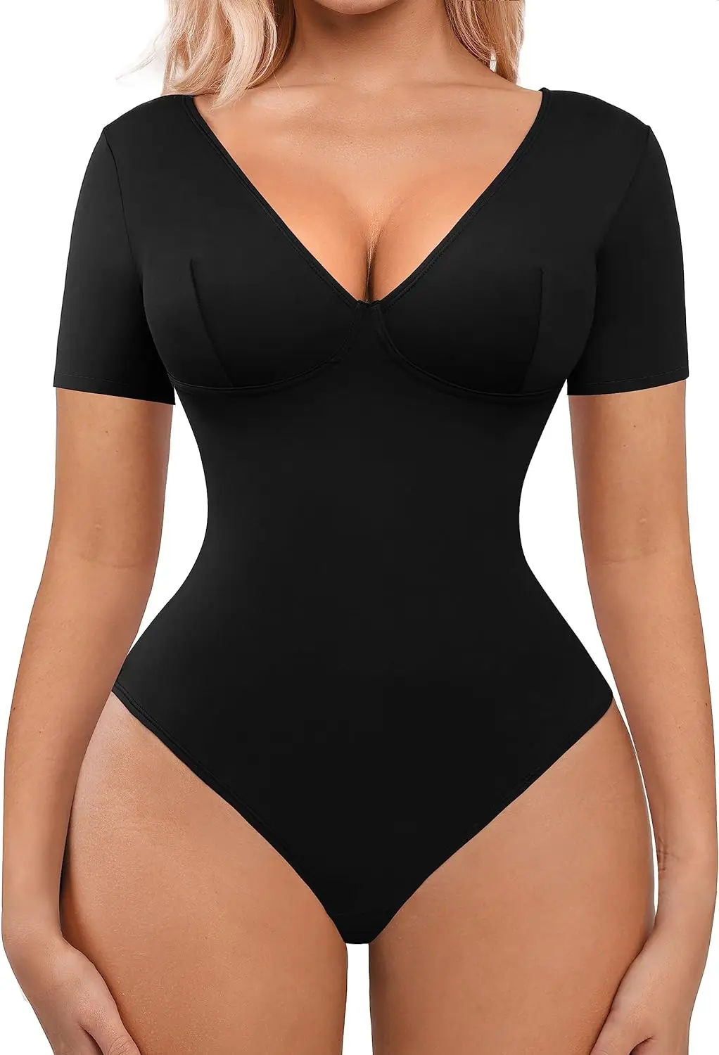 

FeelinGirl Bodysuit for Women Tummy Control Short/Long Sleeve Going Out Bodysuits V/Scoop Neck Shirt One Piece Slim Top