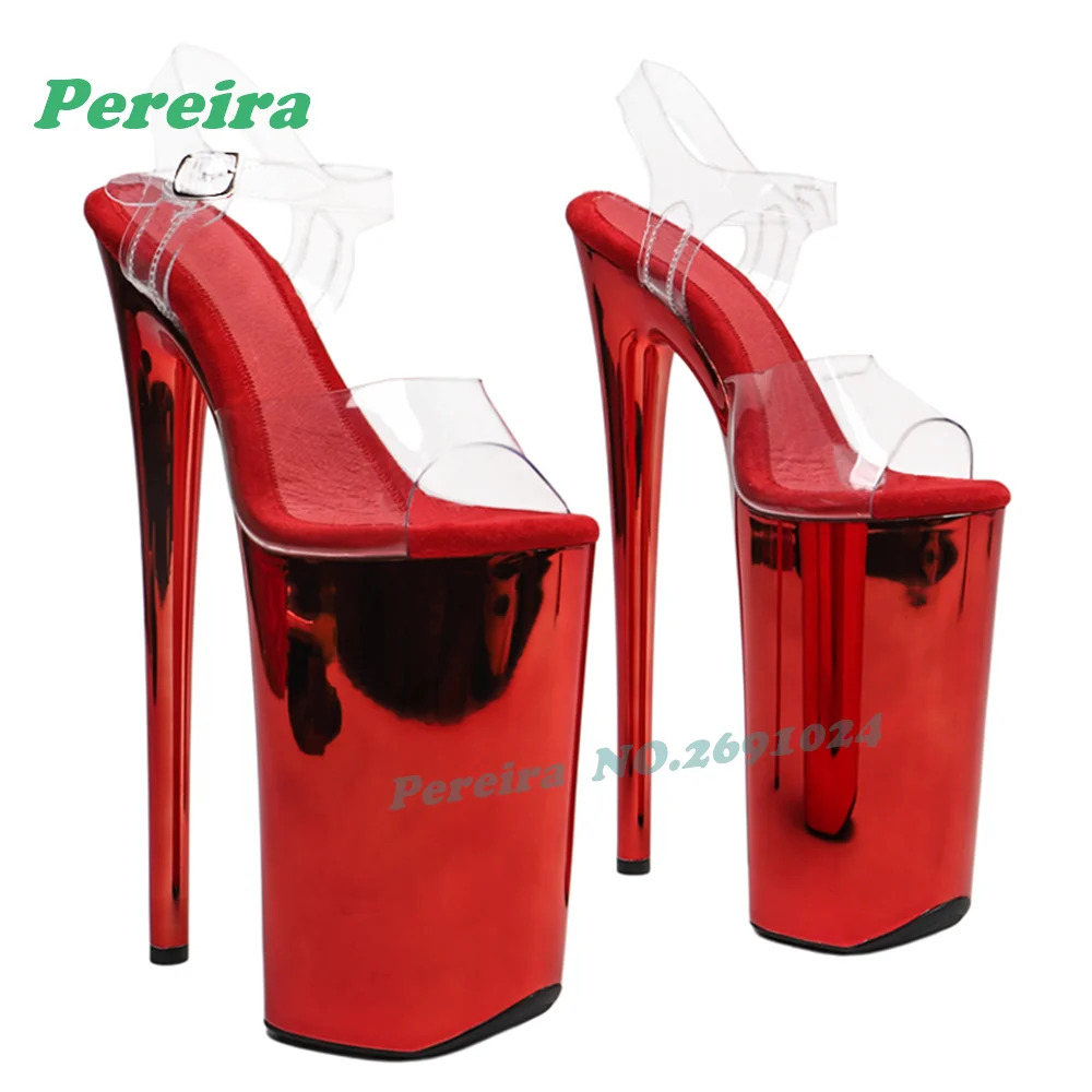 26Cm Metallic Hot Pink Platform Pole Dance Sandals Clear Pvc Ankle Strap Stiletto Heels Sandals Buckled Slingback Splicing Shoe