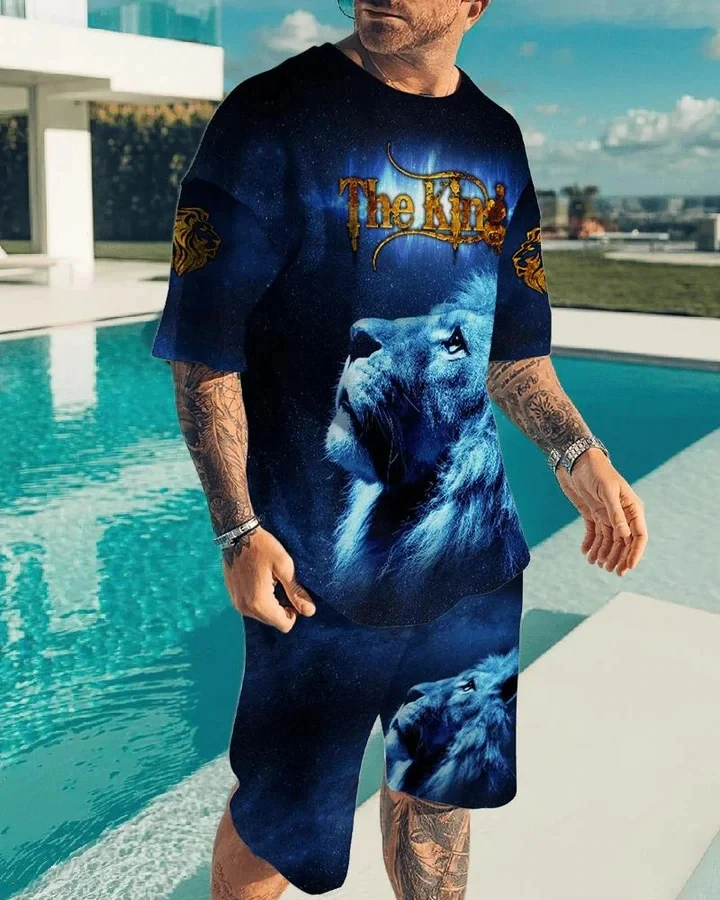 Summer New Fierce Beast Lion Pattern Men's Shorts Sets Casual Street T Shirts+Shorts 2PCS Outfits 3D Print