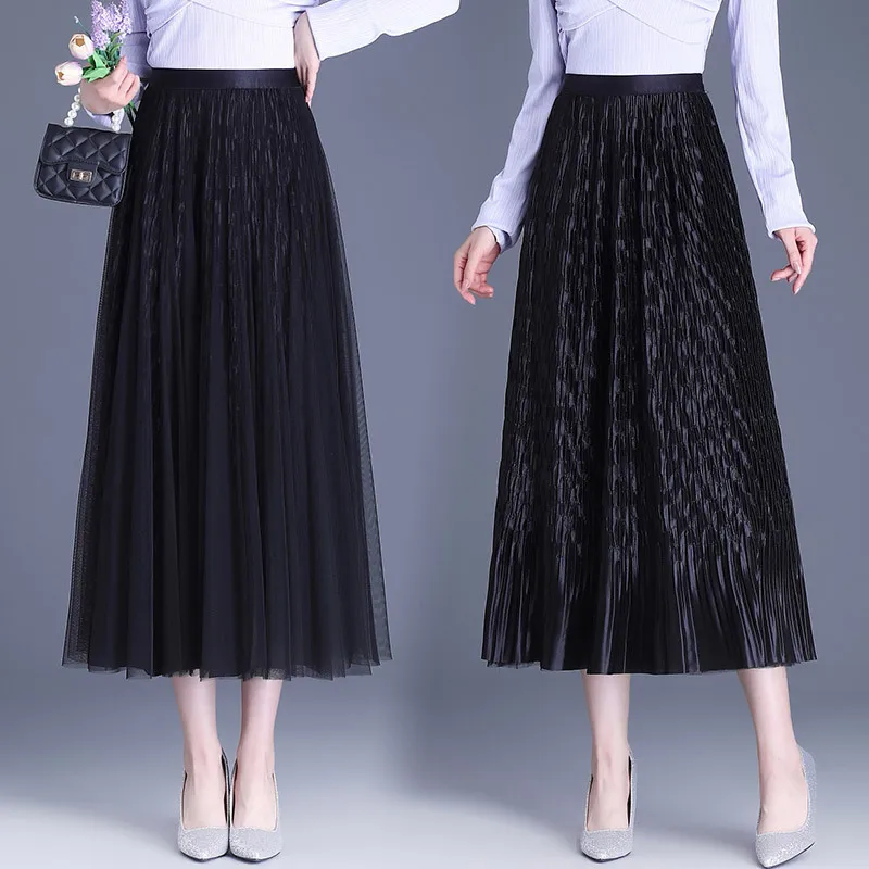 Fashion New Summer Women's Elegant Mesh Skirt 2024 Spring Boho Korean High Waist Pleated Layers Tulle Pleated Midi Skirts