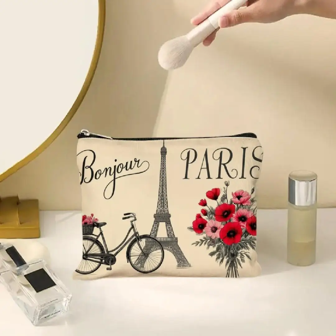 A Eiffel Tower and bicycle cosmetic bag - cute multifunctional zipper pouch for women, jewelry storage bag, perfect travel zippe