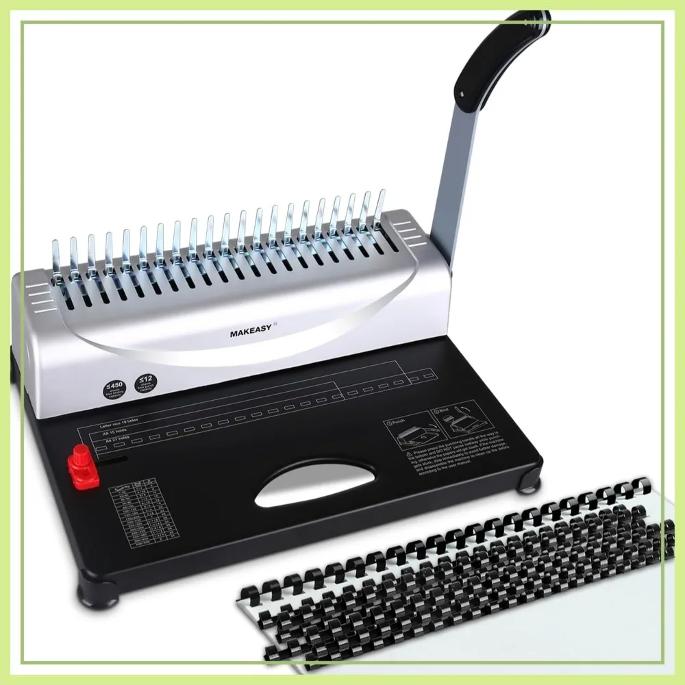 

Comb Binding Machine - Punch 12 Sheets, No Jam, Heavy-Duty Metal, for Office/Home, Includes 100 Combs, Letter/A4/A5