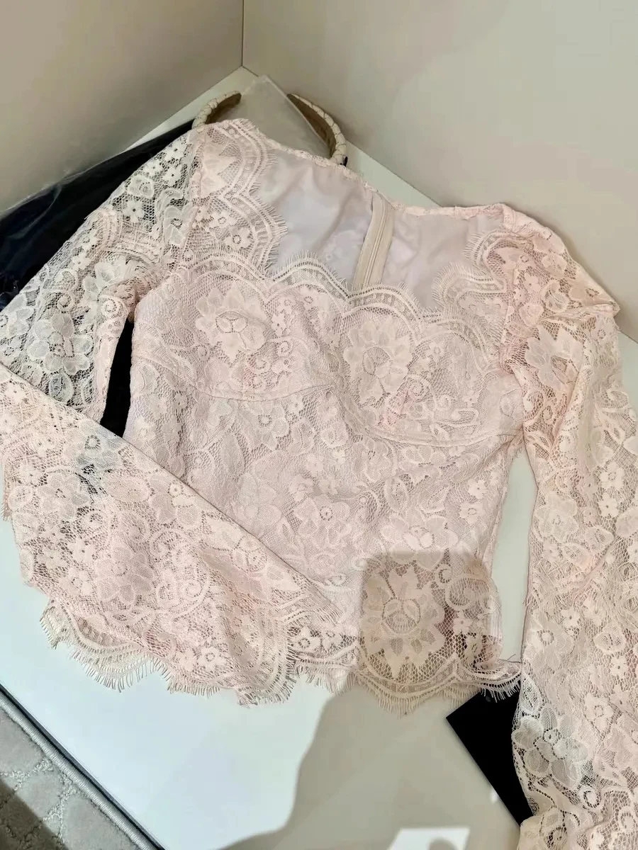 

Кружевная блузка с длинным рукавом, женская блузка с квадратным воротником, облегающие укороченные топы на талии, осень 202, сексуальные шикарные универсальные рубашки Y2k