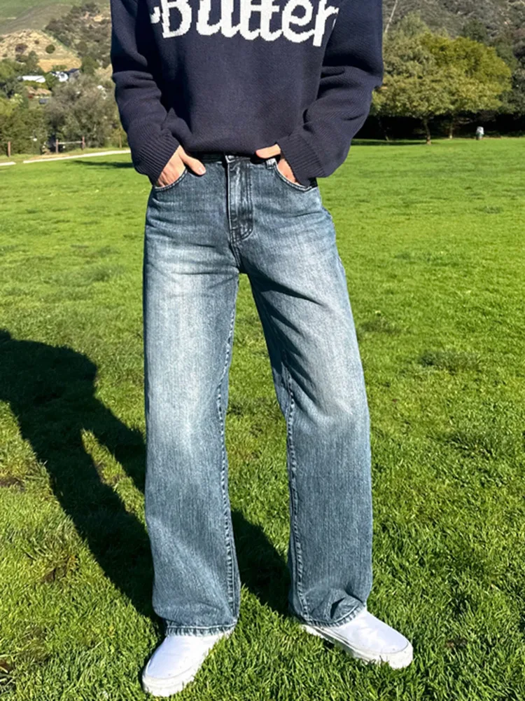 SYUHGFA 2025 الشتاء الكورية نمط الرجال سراويل جينز غسلها التباين اللون أسفل مستقيم واسعة الساق فضفاض الذكور الجينز كلينفيت #1