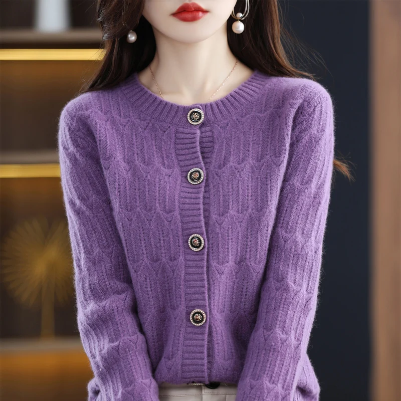 100% pure wool spring and autumn new round neck solid color knitting fashion loose cardigan coat woman