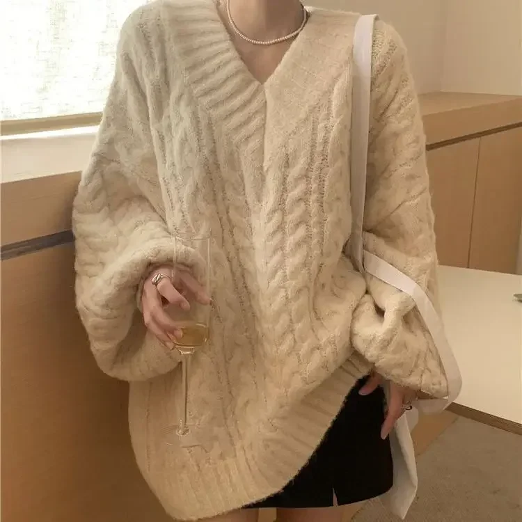 

Women V Neck Thick Sweaters Knitted Twist Pullovers Jumpers Y2k Casual Loose Cute Solid Warm Tops Autumn Winter Streetwear