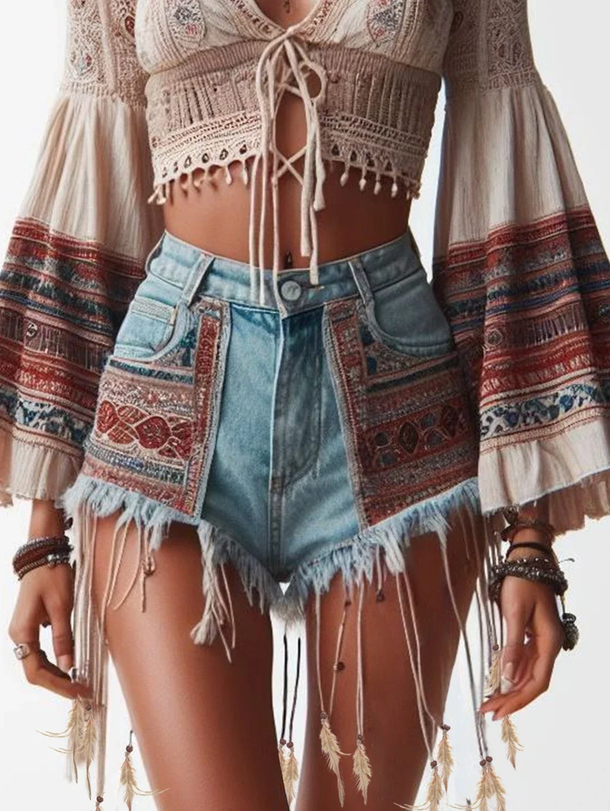 Denim Shorts Women Summer Fashion Bohemian Style Patchwork Raw Edge Tassel High Stretch High Waist Denim Shorts Women