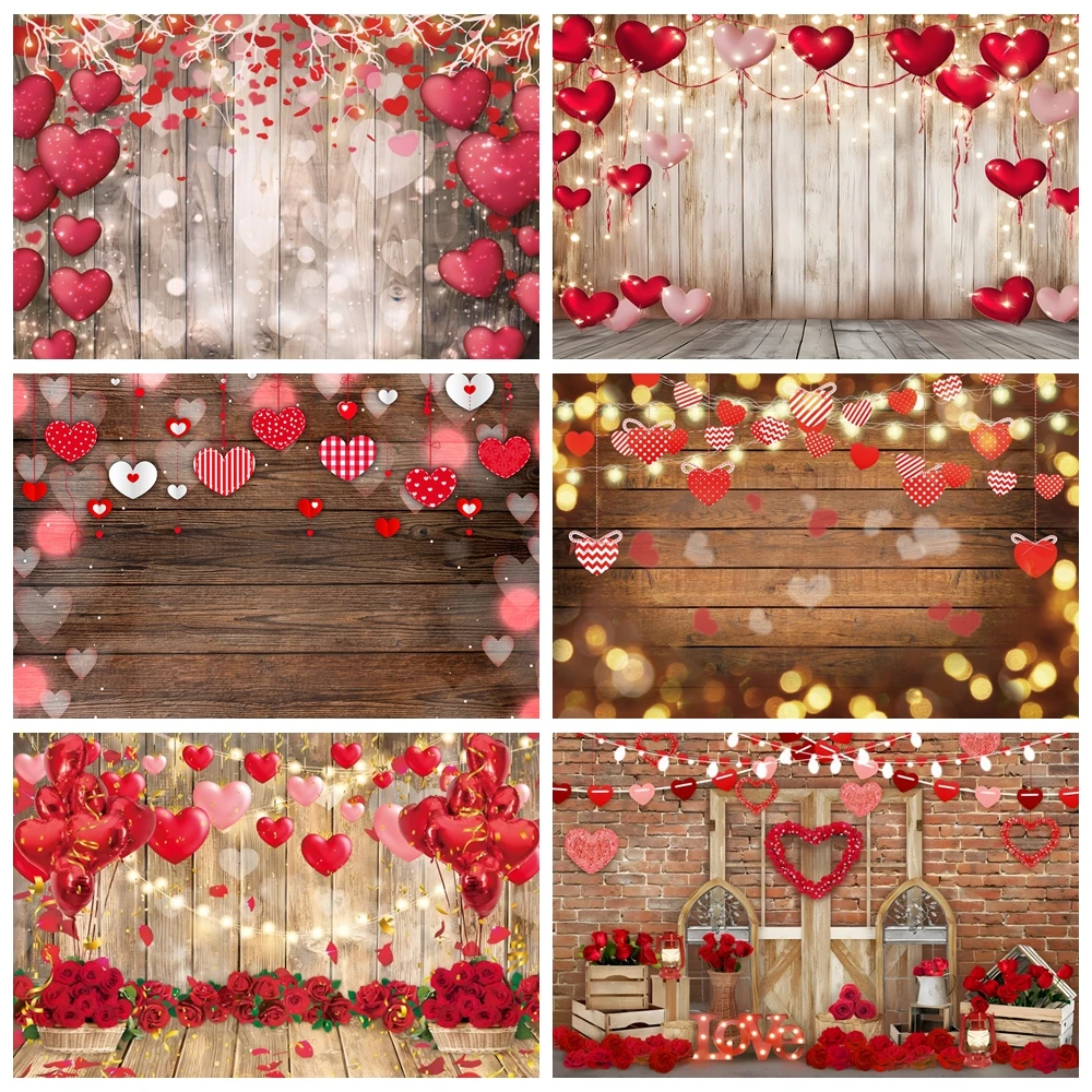 

February 14 Valentine's Day Backdrop Red Rose Love Heart Wood Board Balloon Couple Portrait Wedding Party Photography Background