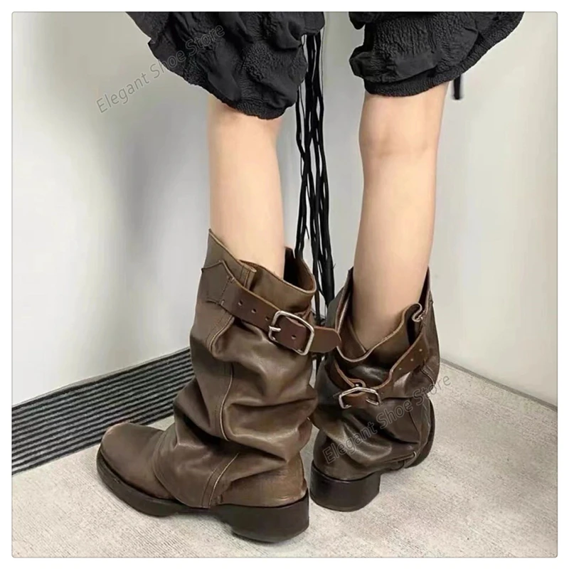 Retro Pleated Soft Leather Women Boots Pointed Toe Belt Buckle Knee-High Boots Black Brown Thick Heel High Quality Knight Boots