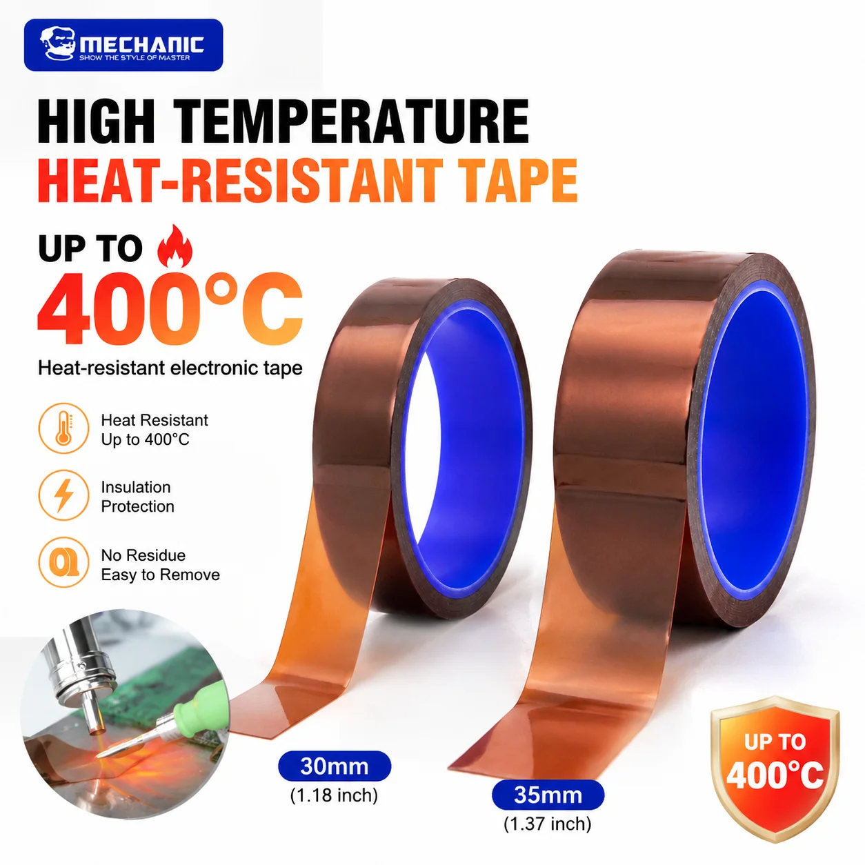 MECHANIC 30/35MM Polyimide Tape 400℃ High-Temperature Resistant Adhesive Large Size for Electronic Circuit Board Protect Repair