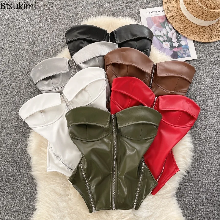 

New Sexy Off Shoulder Zipper PU Tube Top Chic Strapless Crop Top Fashion Sleeveless Slim Fit Camis Autumn Spice Girls Tank Top