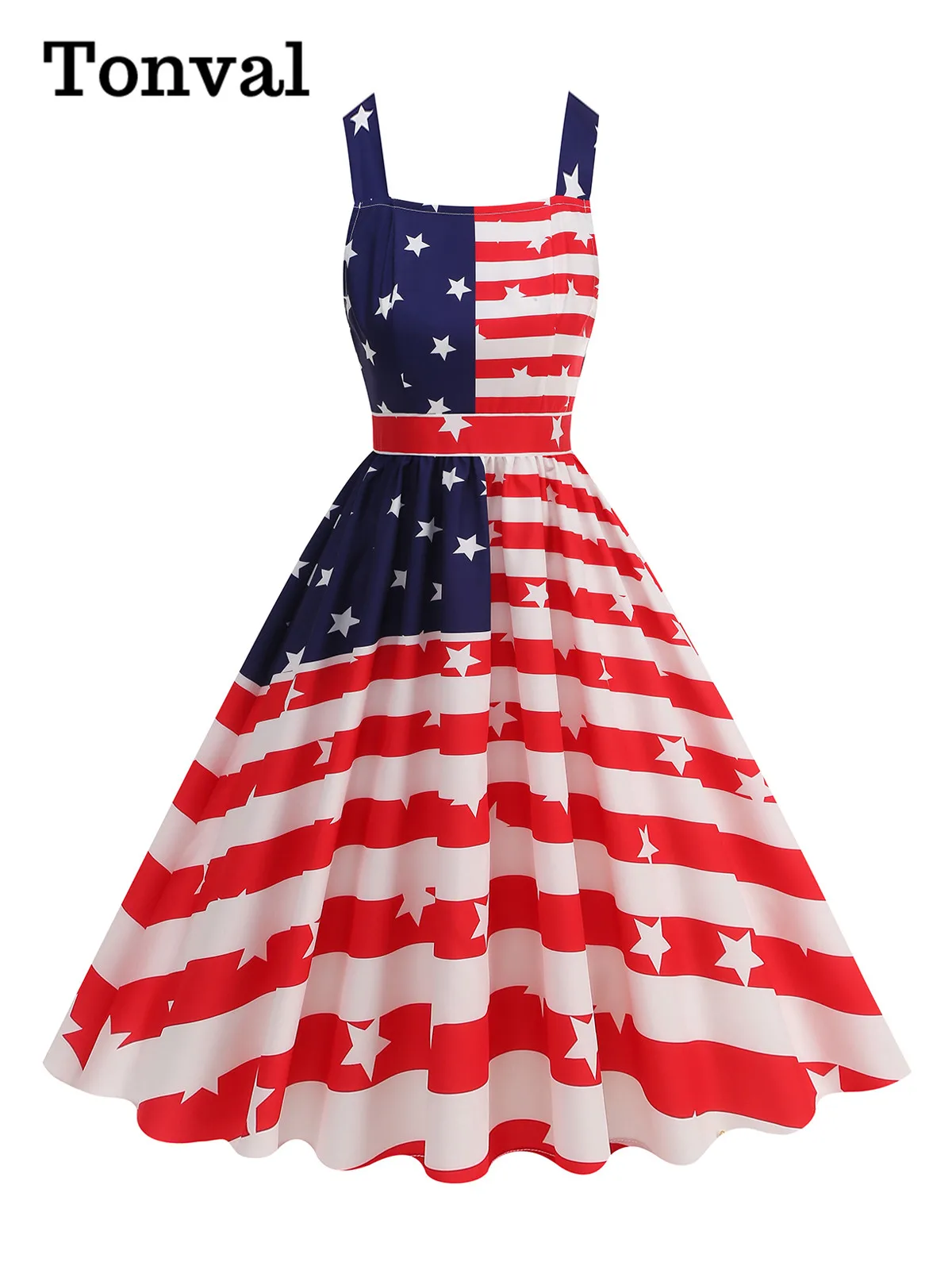 Tonval פסים פסים טלאים נשים מסיבת קיץ בגדי נשים 2025 בכושר צוואר מרובע ושמלות הטנק וינטג'