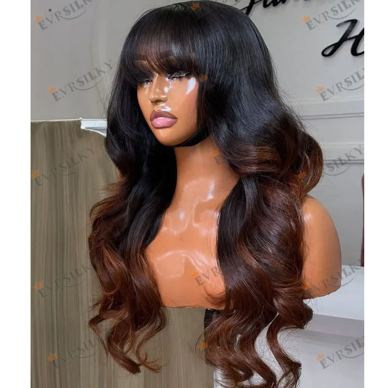 

Black Women Glueless Fringe Ombre Copper Brown Body Wave Human Hair 13x4 Lace Front Wigs with Baby Hair Pre Plucked Natural Hair