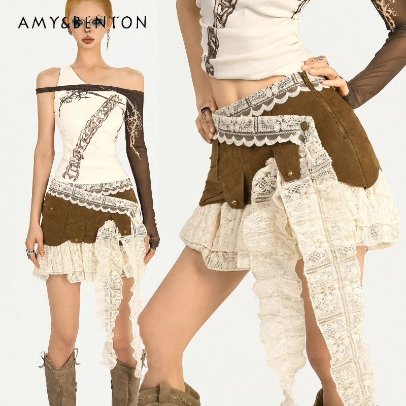

Original Design Irregular Lace Splicing Women's Skirt 2025 Autumn New Sweet Cool Vintage Hot Girl Ribbon Short Skirts Ladies