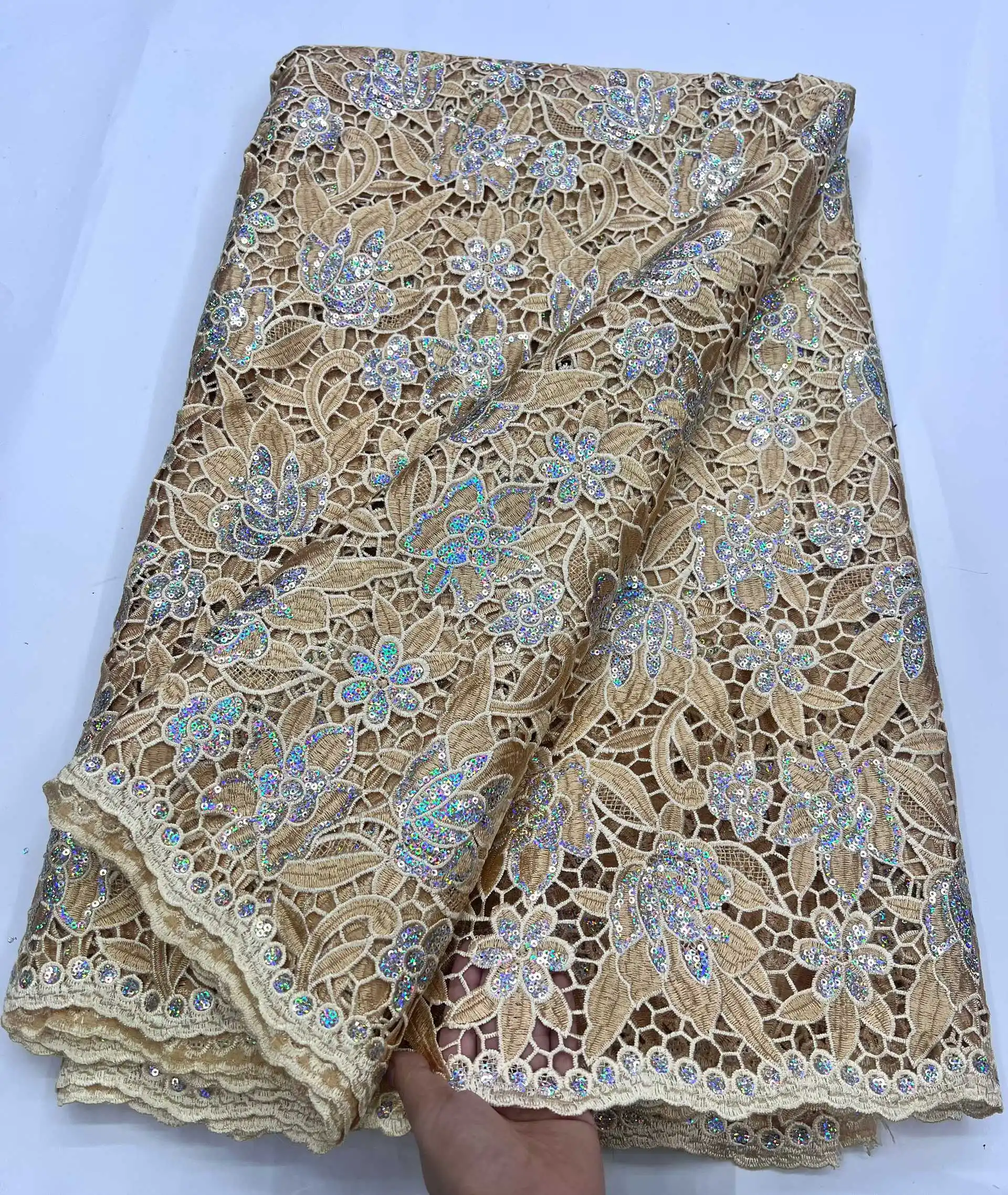 African Milk Silk Cord Lace Fabric 2025 High Quality Lace With Sequin Water Soluble Nigerian Guipure Cord Lace For Wedding Dress