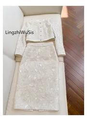 Lingzhiwu French Beautiful Unique Beading Top High Waist Long Skirt Elegant Top Quality Set Two Piece Twinset Female New