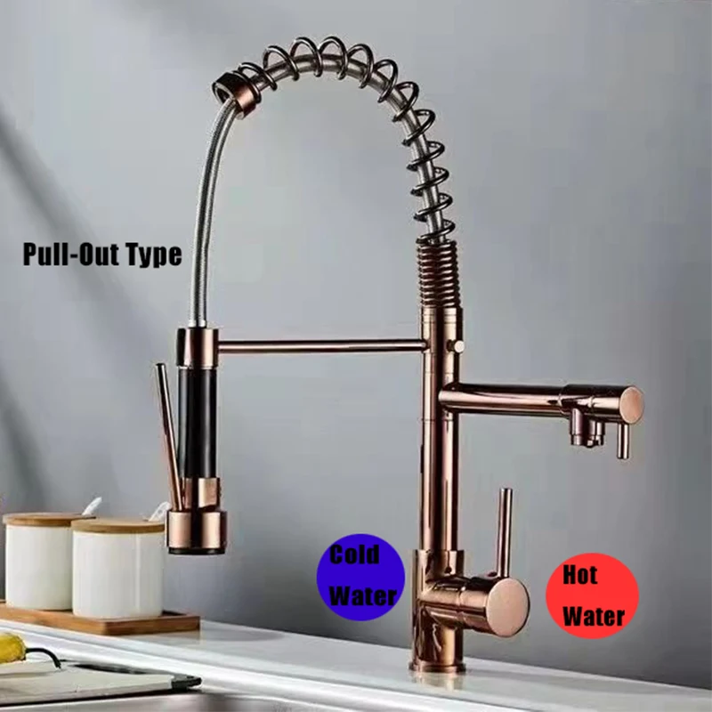 

Hot and cold anti-splash sink Retractable sink washbasin spring stainless steel kitchen pull-out faucet Double faucet