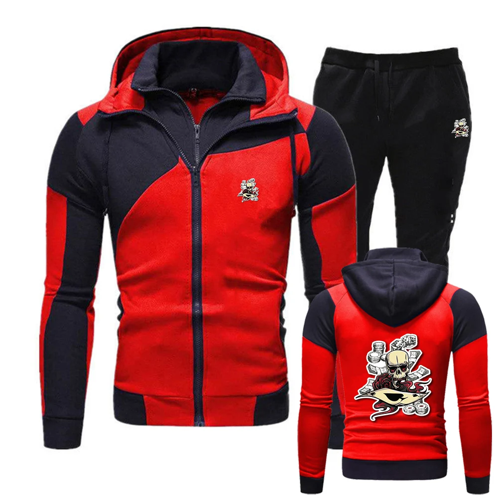 skull-poker-chip-pattern-print-2025-men's-spring-and-autumn-new-hoodie-casual-sweatshirts-pants-diagonal-zipper-suit