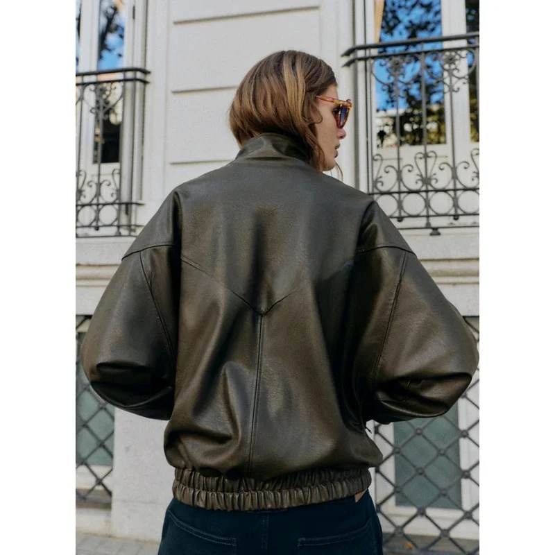 الشتاء المرأة عادية Sle سستة طويلة Sve الوقوف طوق بولي Leather الجلود الطيار Jaet معطف Faionable ملابس خارجية 30027 #4