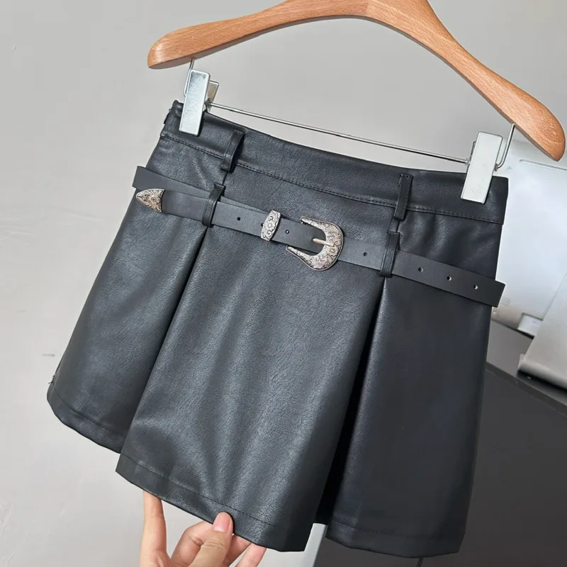 Retro American Vintage Leather Short Skirt Belt Women 2024 PU Half Body Color Blocked Pleated High Waisted A-Line Skirt New