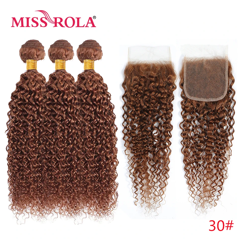 Miss rola brasileiro kinky encaracolado tecer cabelo humano com 4x4 fechamento do laço loira 99j 30 # ombre qualidade remy feixes de cabelo fechamentos