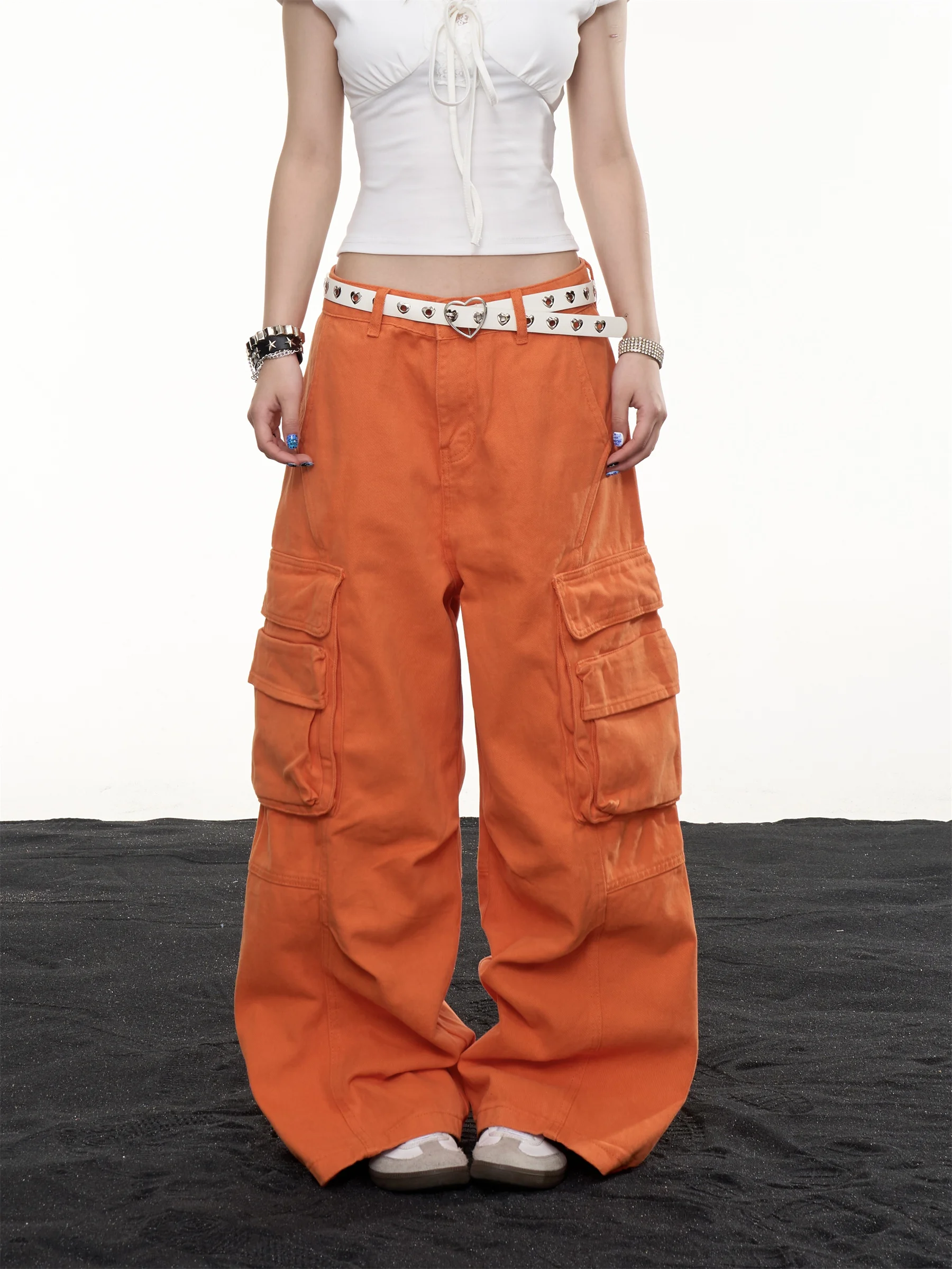 Retro American Multi-Pocket Work Pants Women Summer Street Loose Floor-Length Design Wide Leg Long Trousers Casual Cotton