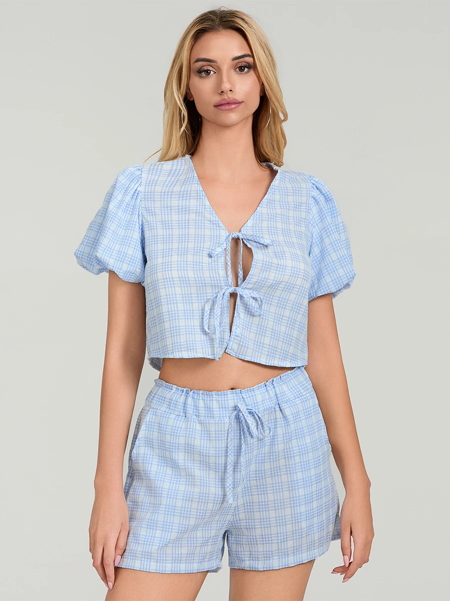 Women 2pcs Shorts Set Summer Outfits Plaid Print Tie Front Short Puff Sleeves Shirts Top and Elastic Waist Shorts Y2k Streetwear