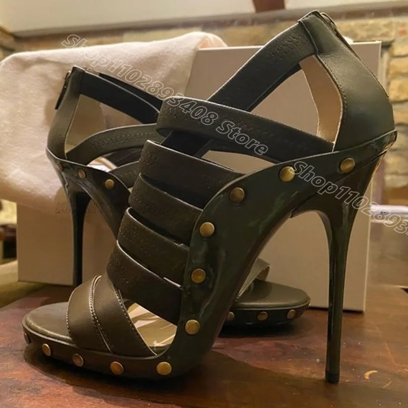 Sandálias Stiletto de Couro Open Toe para Mulheres, Decoração Rebite Verde, Zíper Traseiro, Vestido de Festa, Nova Moda