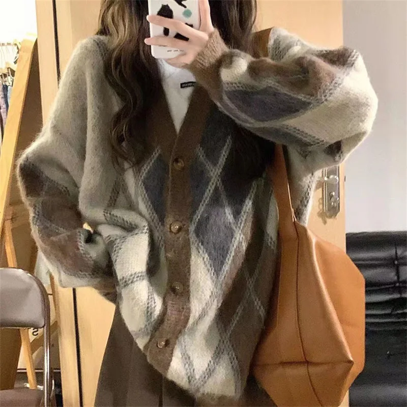 Sueter Mujer Invierno 2024 Korean Style Loose Knitted Cardigan V Neck Hit The Color Rhombus Sweater Women Fall Winter New Coat