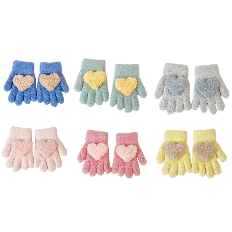 

Kids Winter Knitted Full Finger Gloves Cute Heart Shape Toddler Child Soft Warm Stretchy Mittens for 1-3 Years Old Boys Girls