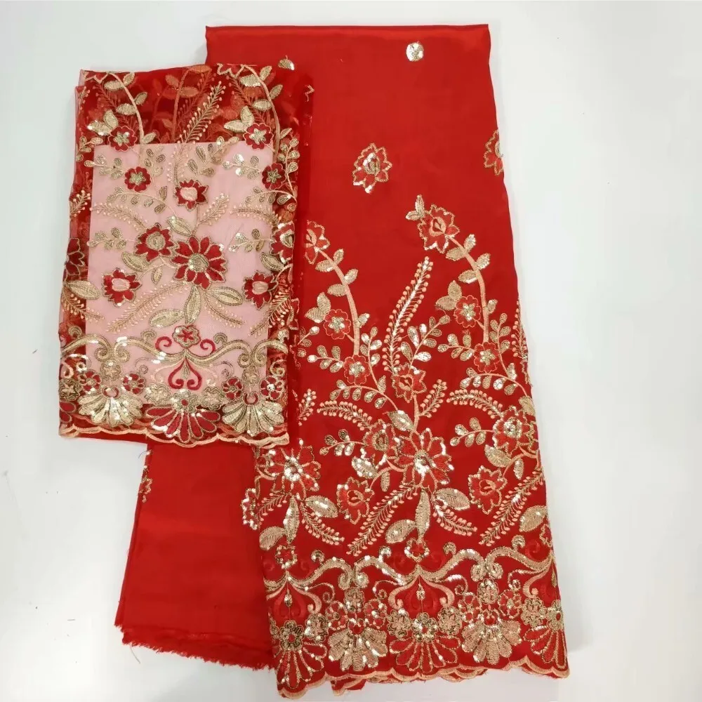 Sequins George Lace  2024 High quality indian george lace fabric with french net lace fabric blouse red for wedding dress 5+2yd