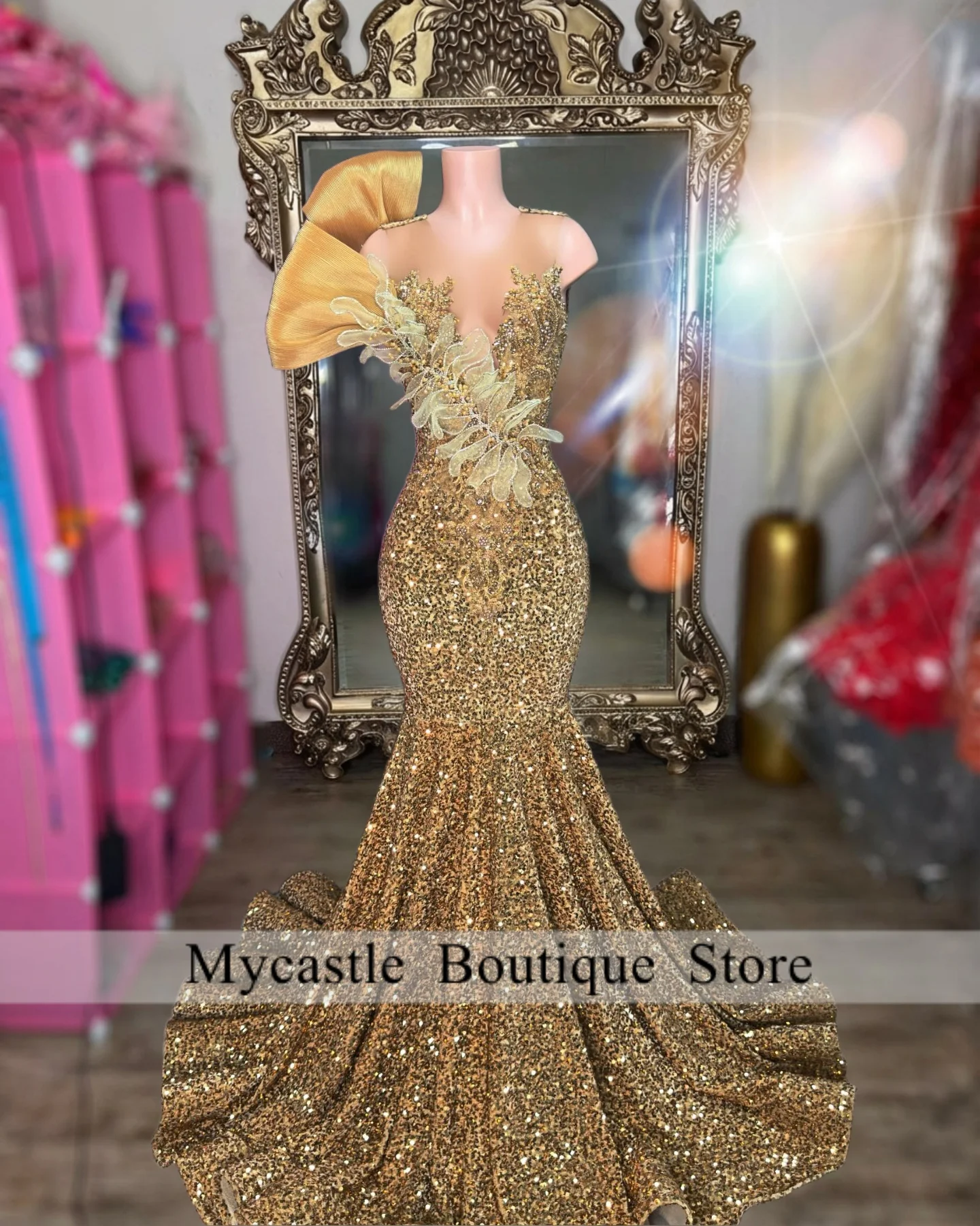 

Gold Sequin One Shoulder 3D Flower Diamond Prom Dress 2026 Gorgeous Shiny Evening Party Gown For Black Girls Customized