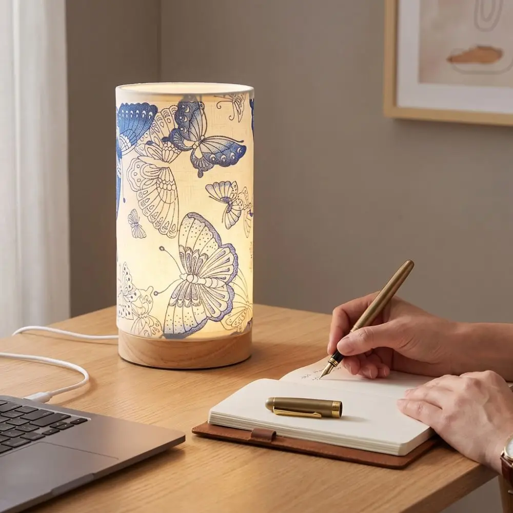 Simple LED Bedside Night Lamp USB Plug in Wooden Desktop Decoration Lamp Linen Three Colors Adjustable Table Lamp Living Room