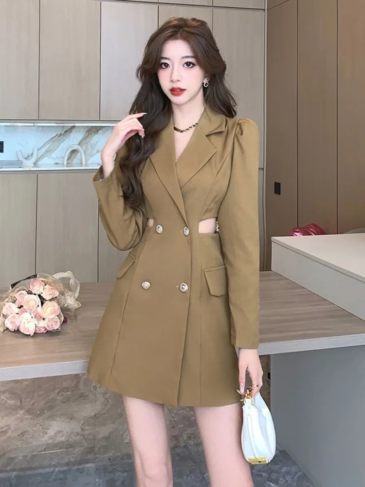 Autumn Spring Black Bodycon Chic Suit Short Dress Women Elegant Office Lady Dress 2024 New Fashion Hollow Out Casual Dress Gown