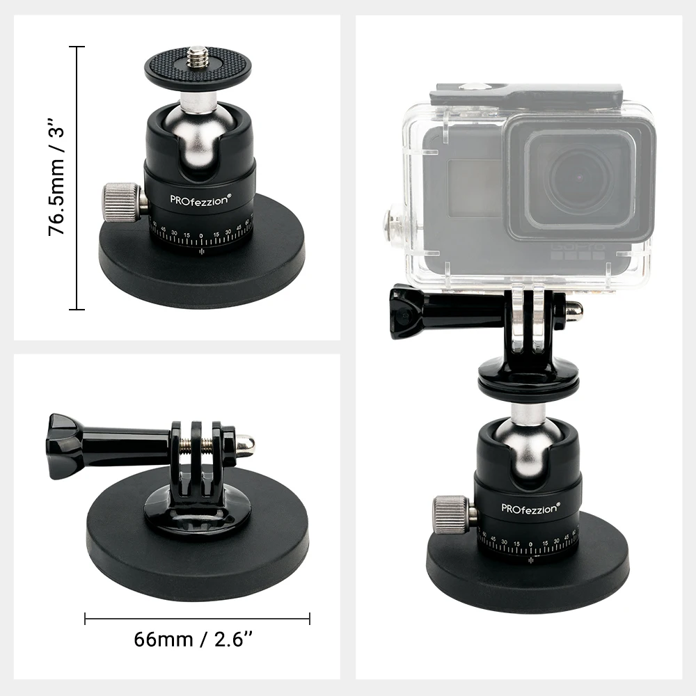 PROfezzion-Kit de support de base magnétique avec rotule de bain, pour Gopro fore, DJI Osmo Action Camera, AKASO Action Camera