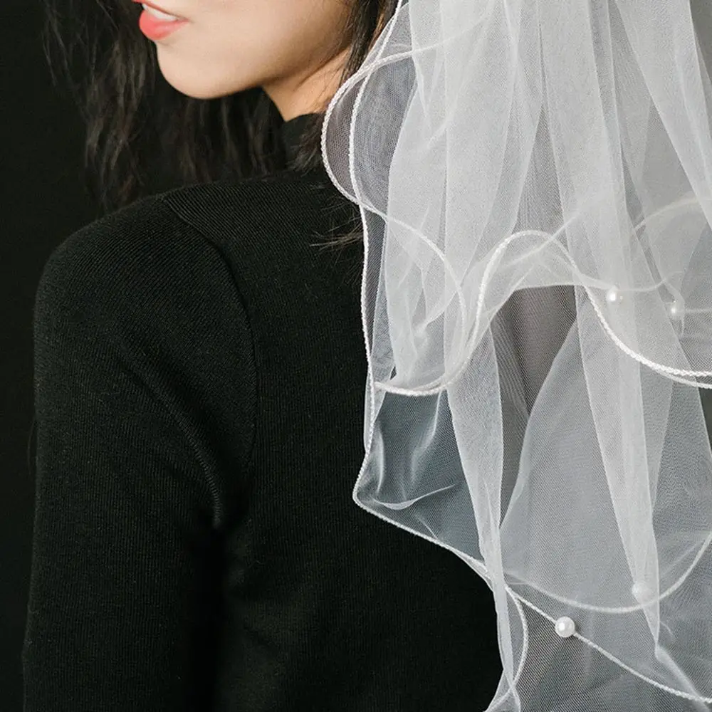 Fashion Photo Photography Hair Comb Pearl Bridal White Veil Wedding Veil Korean Bride Headwear Bow Veil Bride Veil