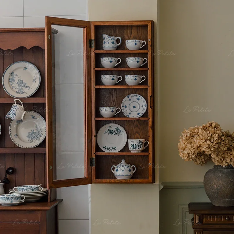 Retro solid wood wall storage display, household construction cup and plate display rack, café decoration cabinet