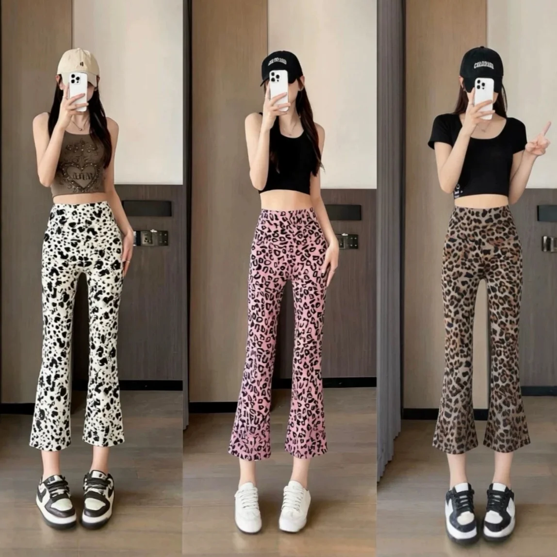 High Waist Slimming Casual Pants Elastic Leopard Print Seven-Footed Bottoming Trousers Punk Style Micro Flared Leggings