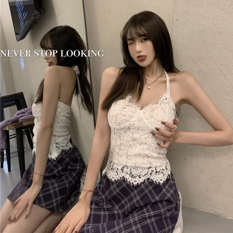 Women 2023 spring Summer New Slim Korean Style Hollow Out Sex Lace External Penetration Tanks Camis Tops