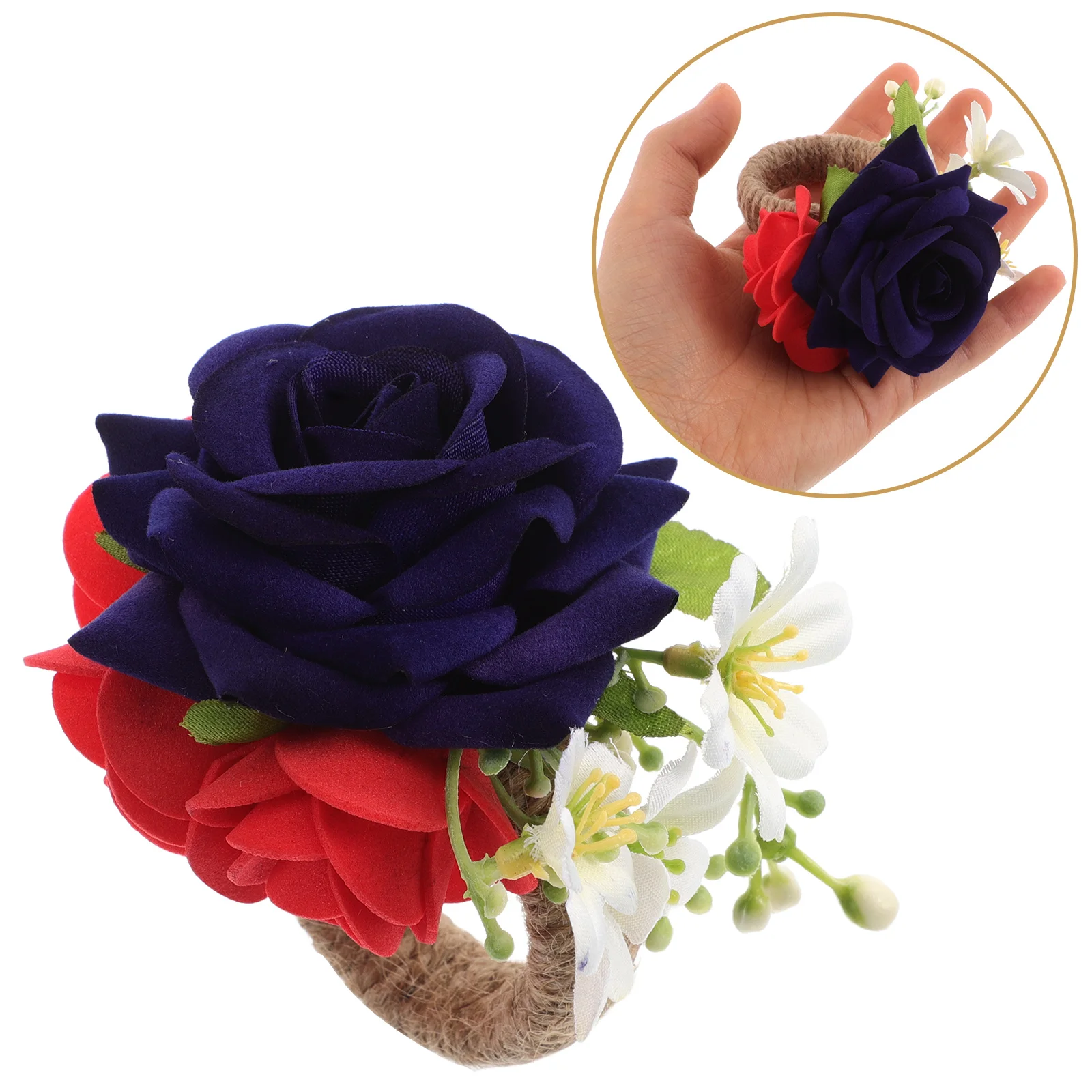 

Faux Flower Rings Independence Day Party Serviette Buckle Rustic Floral Napkin Holder Elegant Patriotic Table Decoration
