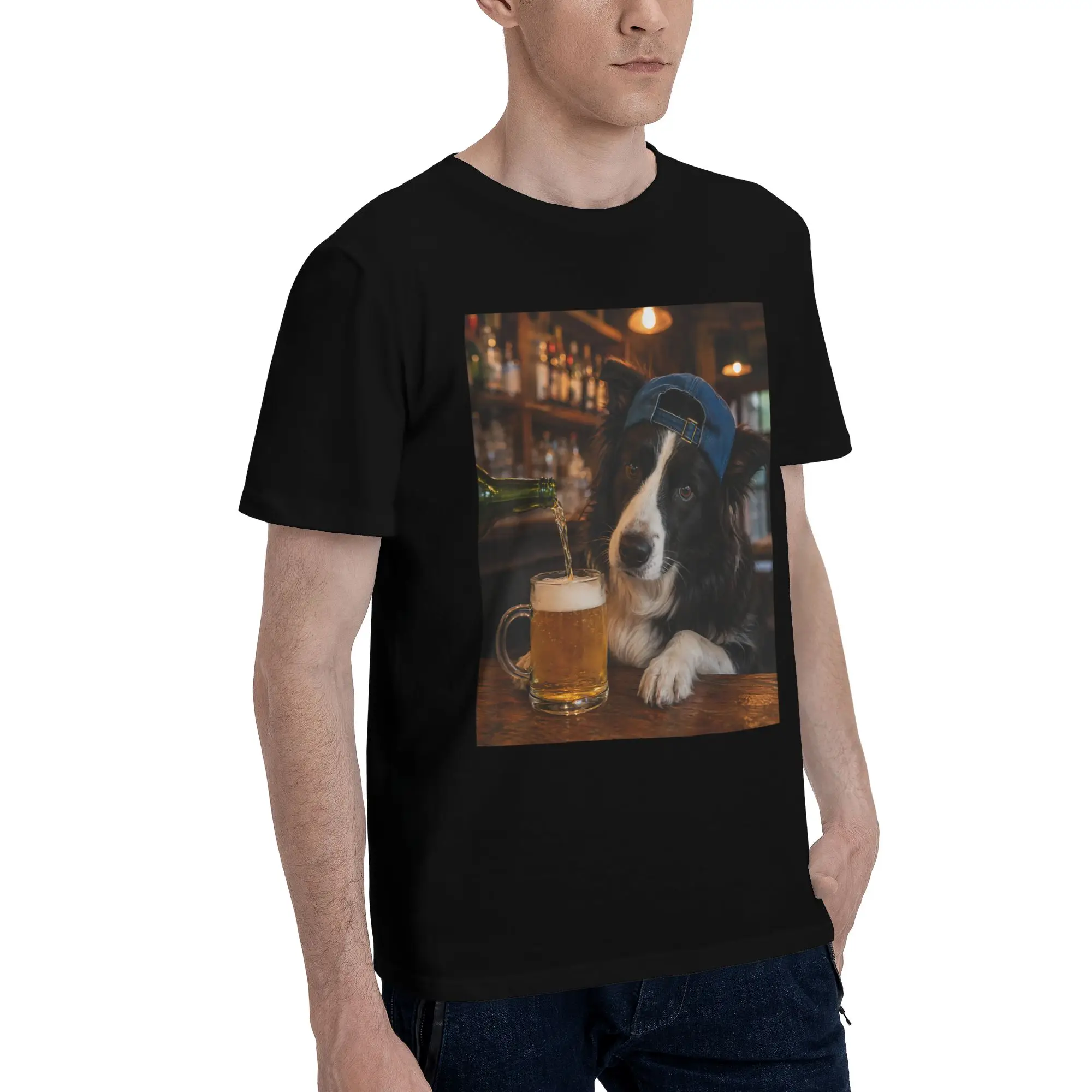 Men Women Graphic Printing Border Collie Drinking Beer Funny Dog Meme  T Shirt Tee 100% Cotton  T-shirts Clothing