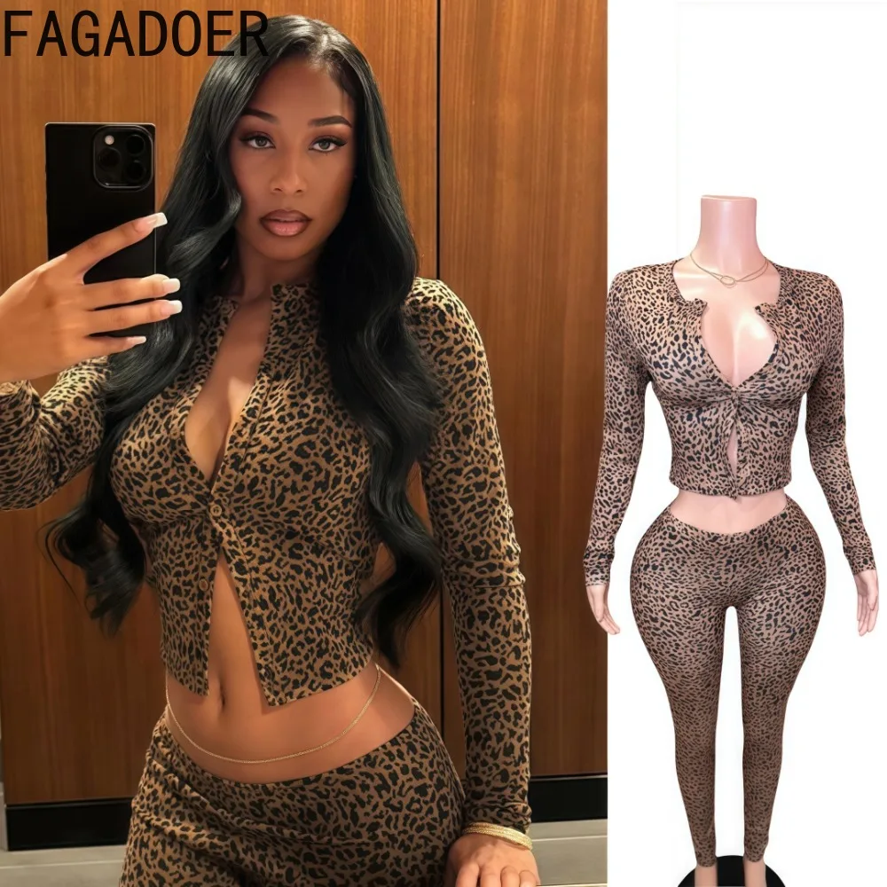 

FAGADOER Fashion Leopard Print 2 Piece Sets Women Outfit Long Sleeve Crop Top + Low Waist Skinny Pants Suits Female Streetwear