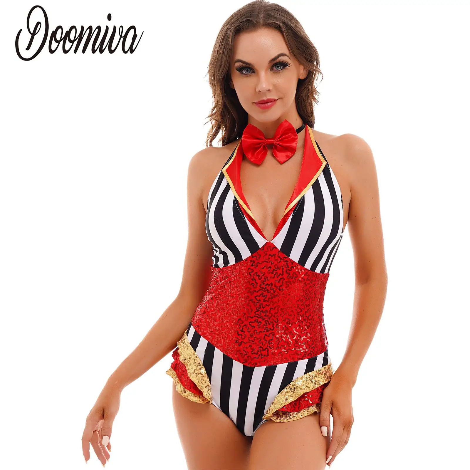 

Women 2Pcs Circus Ringmaster Costume Halloween Role Play Set Stripe Sequin Leotard Bodysuit with Bowtie Shiny Theme Party Outfit