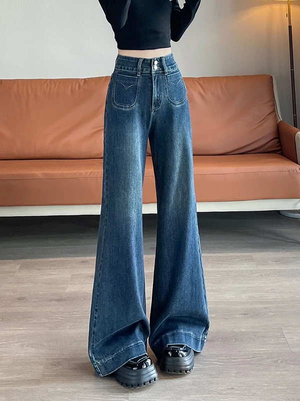 

Джинсы-клеш с высокой талией, женские, свободного кроя, прямые брюки, зауженные леггинсы, осень-зима, новинка, синие