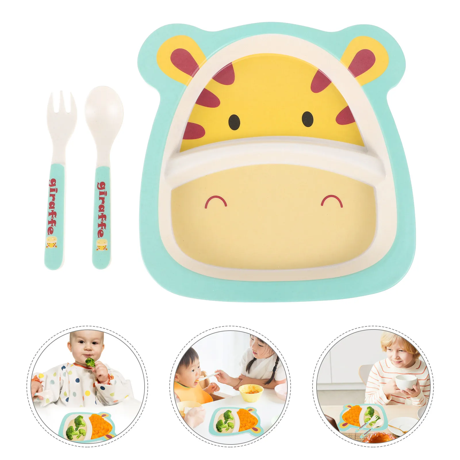 

1Set Bamboo Fiber Children's Dining Set Giraffe Style Divided Plates Safe Material Easy Clean Kids Eating Plate for Home